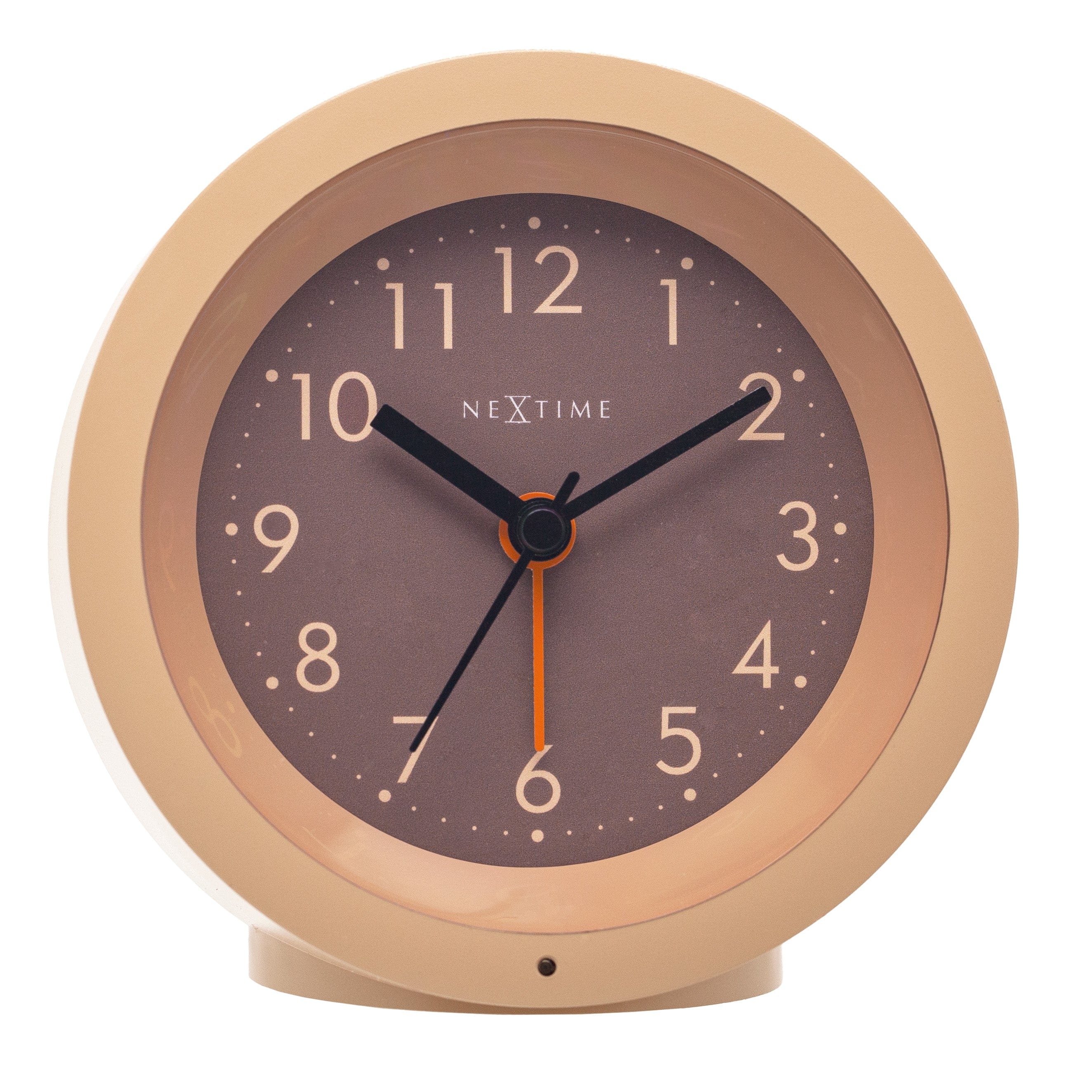 NeXtime Circle alarm clock with light dial, silent operation, 10.5cm tall and 3.6cm wide, modern tabletop design.